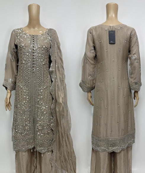 HW007 - 3 Piece Embroidered shirt with Embroidered crinkle Duppata and embroidered raw silk trouser